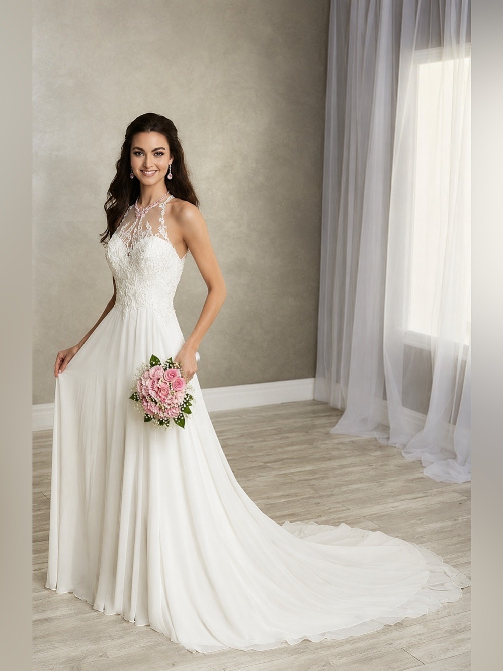 Size 12 white high neck wedding dress gown a-line chiffon keyhole back NWT